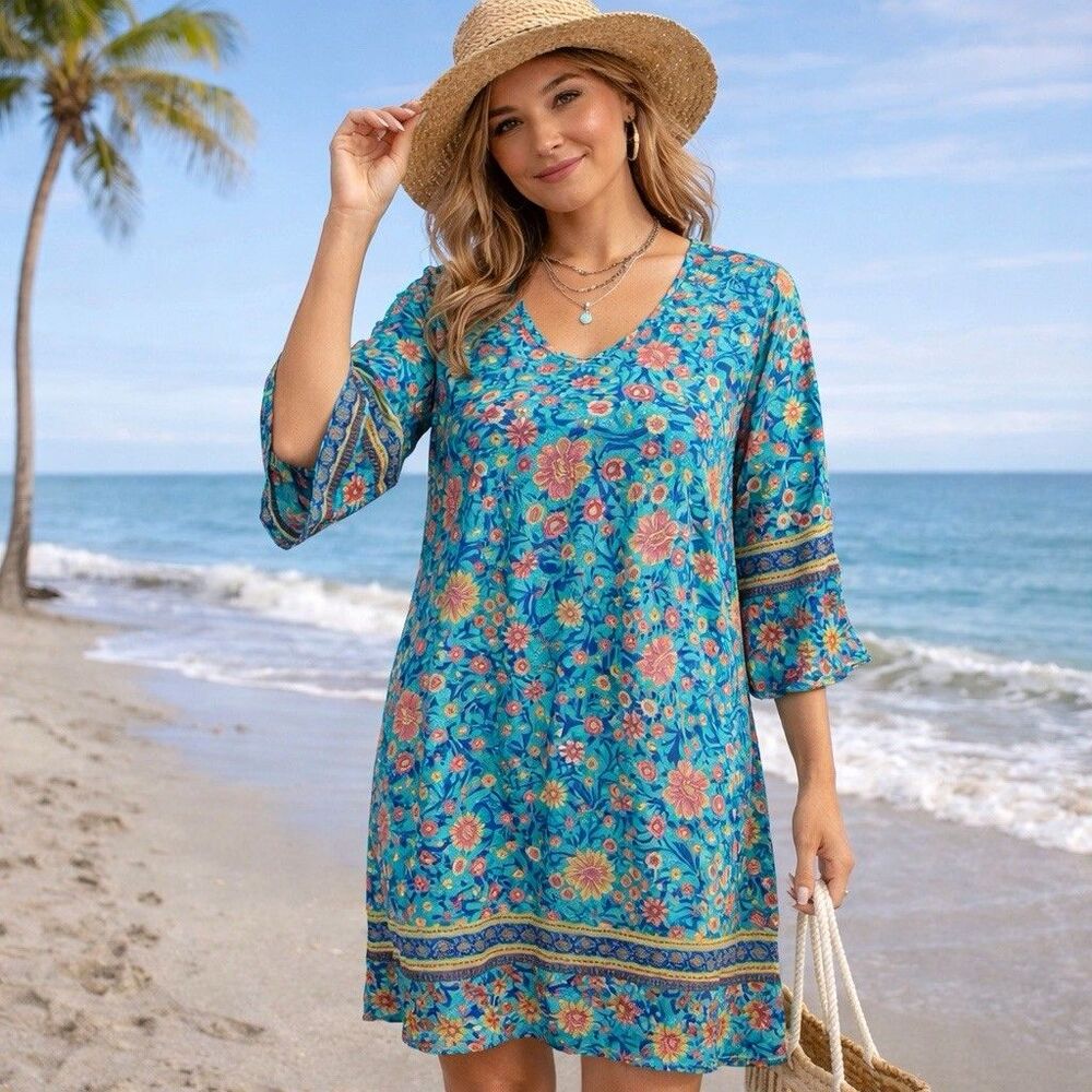 Maeseor Womens Large Dress Half Sleeve Teal Floral Flowy Beachy Short Crew Neck